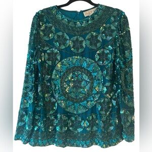 A.J. Bari Vintage Sequin Beaded Star Teal 80s Silk Top